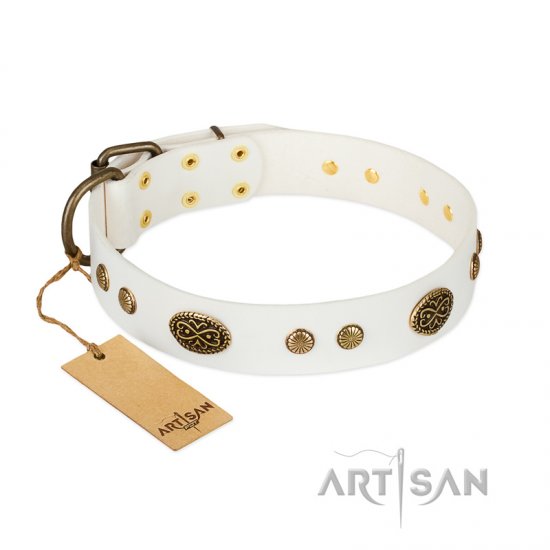 "The Snow Queen" FDT Artisan White Leather dog Collar with Decorations