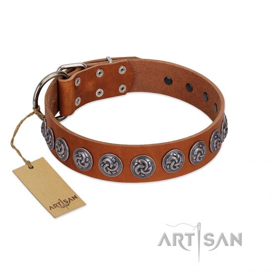 "Velvet Kiss" Handmade FDT Artisan Tan Leather dog Collar with Vintage Medallions