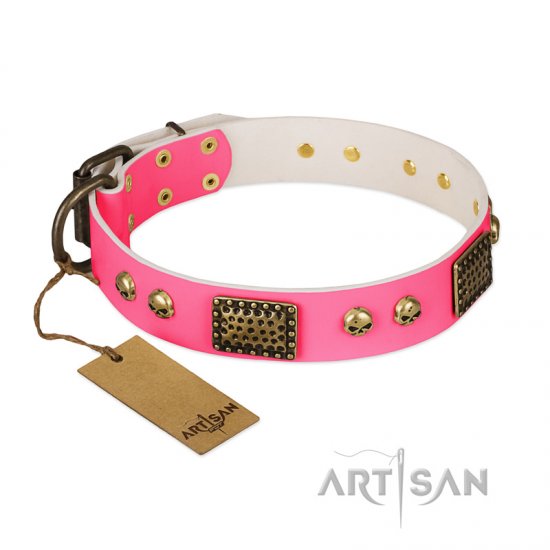 "Vintage and Glamour" FDT Artisan Pink Leather dog Collar with Old Bronze Look Plates and Skulls