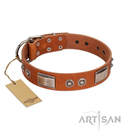 "Pawsy Glossy" FDT Artisan Exclusive Tan Leather dog Collar 1 1/2 inch (40 mm) wide