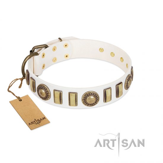 "Bowwow Finery" FDT Artisan White Leather dog Collar with Gold-Like Embellishments