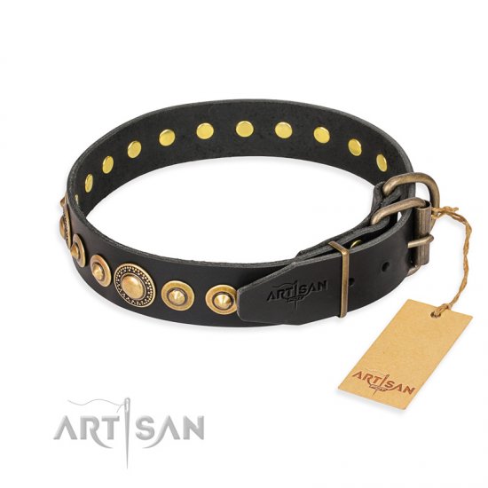 "Gold Mine" FDT Artisan Black Leather dog Collar with Amazing Bronze-Plated Round Studs