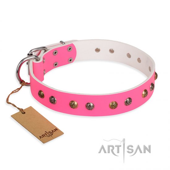 "Sheer love" Pink Leather FDT Artisan dog Collar with Old-look Hemisphere Studs