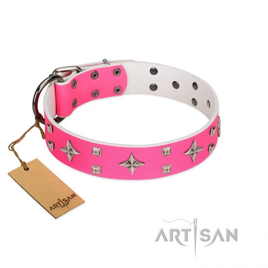 "Girls-Only" FDT Artisan Pink Leather dog Collar Adorned with Stars and Tiny Squares