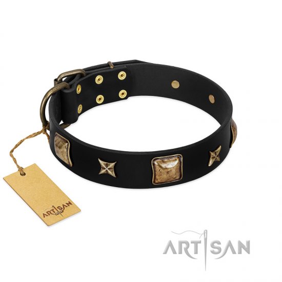 "Starry Harmony" FDT Artisan Black Leather Dog Collar with Squares and Stars for Comfortable Walking