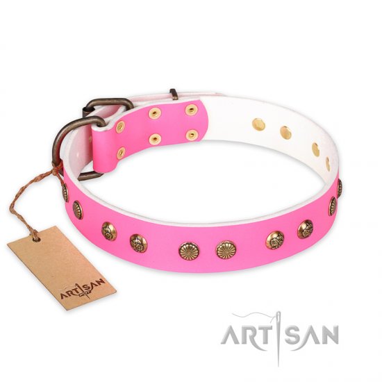 "Pink Pleasure" FDT Artisan Decorated Leather dog Collar with Old Bronze-Plated Engraved Studs - Click Image to Close