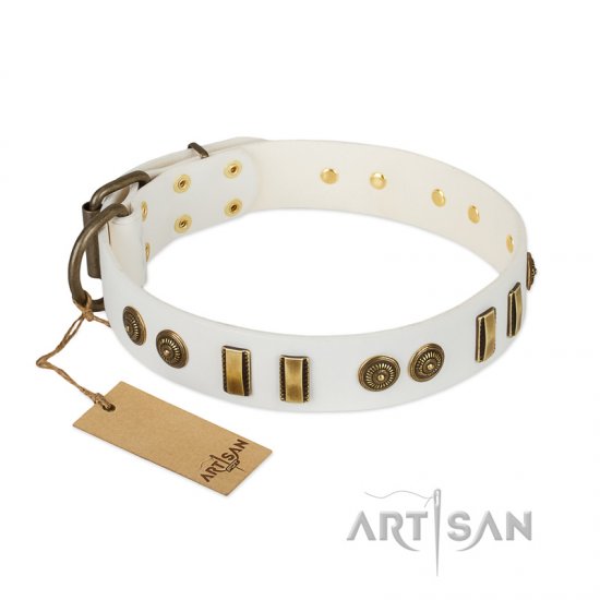 "Midsummer Snow" FDT Artisan White Leather dog Collar with Old Bronze-like Plates and Circles