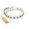 "Solar Energy" FDT Artisan White Leather dog Collar with Silver-like Studs and Medallions