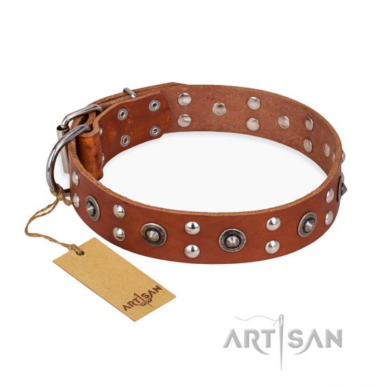 "Silver Elegance" FDT Artisan Decorated Leather dog Collar with Old Silver-Like Plated Studs and Cones - Sulje napsauttamalla kuva