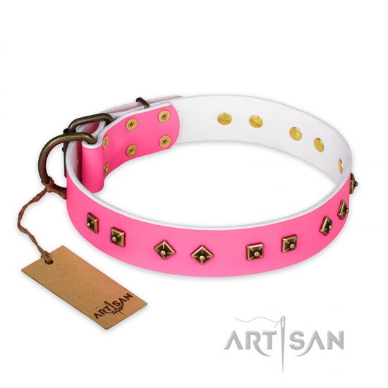 "Magic Pink" FDT Artisan Decorated Leather dog Collar with Old Bronze-Plated Steel Hardware