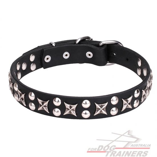 "Planets and Stars" Posh Leather Dog Collar with Chrome Plated Fittings - 1 1/5 inch (30 mm)