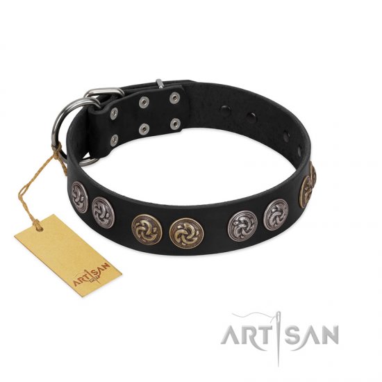 "Mister Exclusive" Designer FDT Artisan Black Leather dog Collar with Medallions