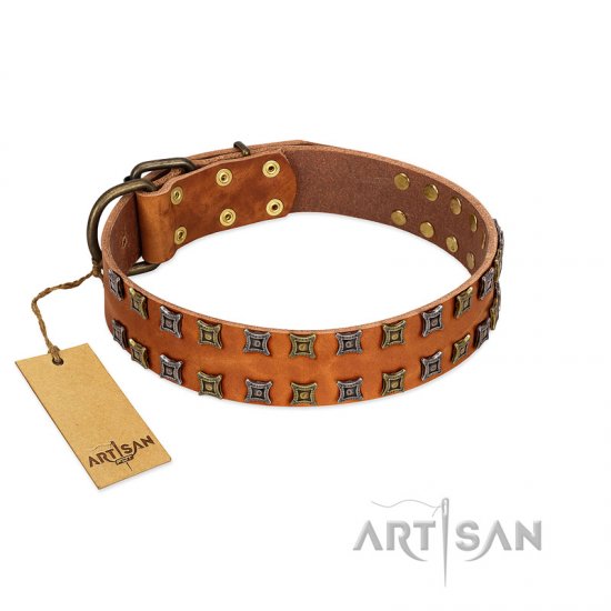 "Terra-cotta" FDT Artisan Tan Leather dog Collar with Two Rows of Studs