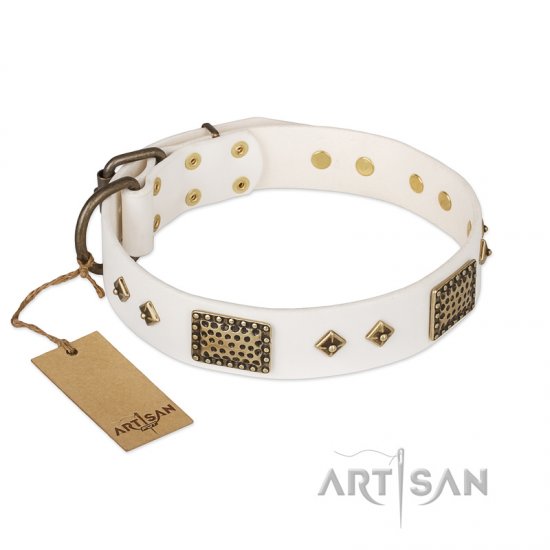 "Snow-covered Gold" FDT Artisan White Leather dog Collar
