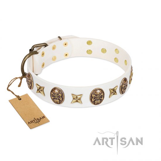 "Fads and Fancies" FDT Artisan White Leather dog Collar with Stars and Skulls