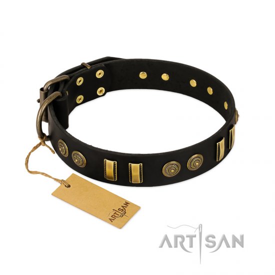 "Simple Elegance" FDT Artisan Black Leather dog Collar with Old Bronze-like Plates and Circles