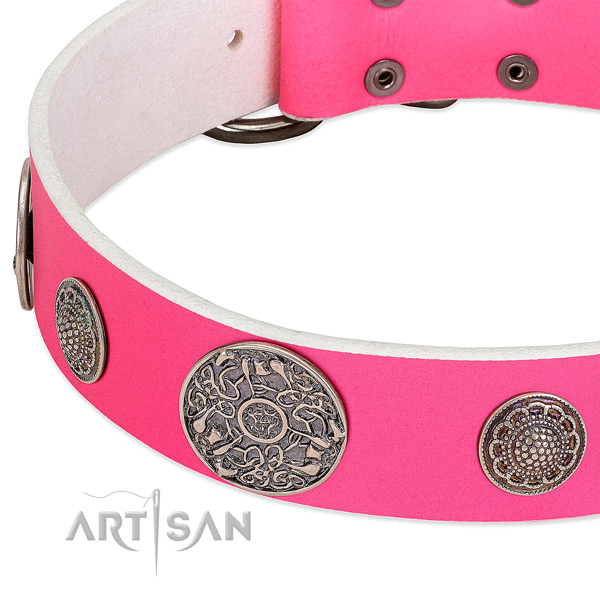 Corrosion proof decorations on genuine leather dog collar