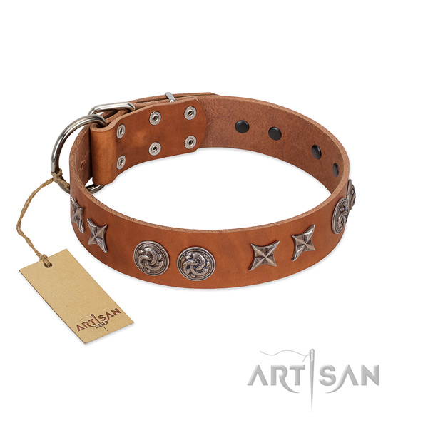 Comfortable wearing dog collar of natural leather with exquisite decorations