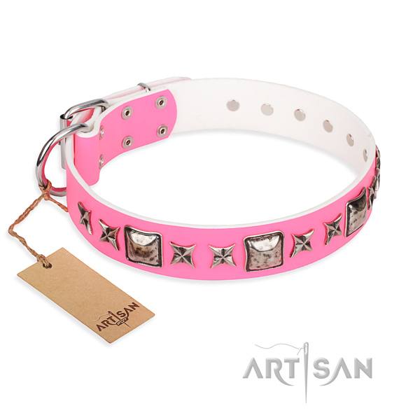 Full grain natural leather dog collar made of reliable material with rust-proof fittings