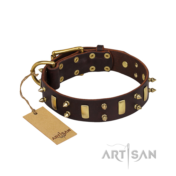Handy use dog collar of top quality full grain genuine leather with studs