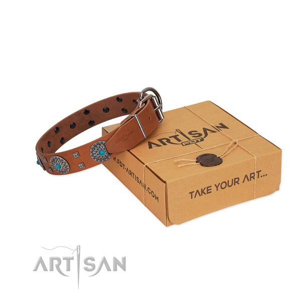 Comfortable wearing natural leather dog collar with top notch decorations