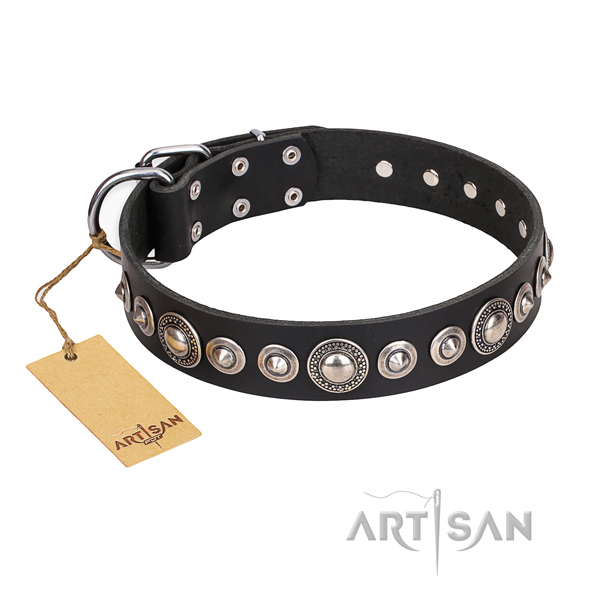 Full grain genuine leather dog collar made of gentle to touch material with corrosion resistant buckle