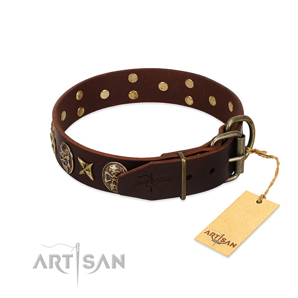 Genuine leather dog collar with corrosion proof traditional buckle and adornments
