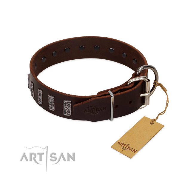 Corrosion proof hardware on full grain leather dog collar for daily walking your dog