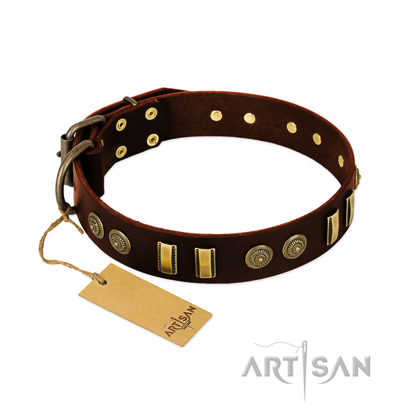 Corrosion proof embellishments on full grain natural leather dog collar for your doggie