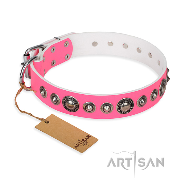 Natural genuine leather dog collar made of gentle to touch material with rust resistant traditional buckle