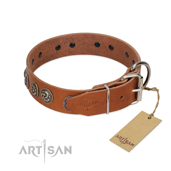 Corrosion resistant D-ring on exquisite full grain natural leather dog collar
