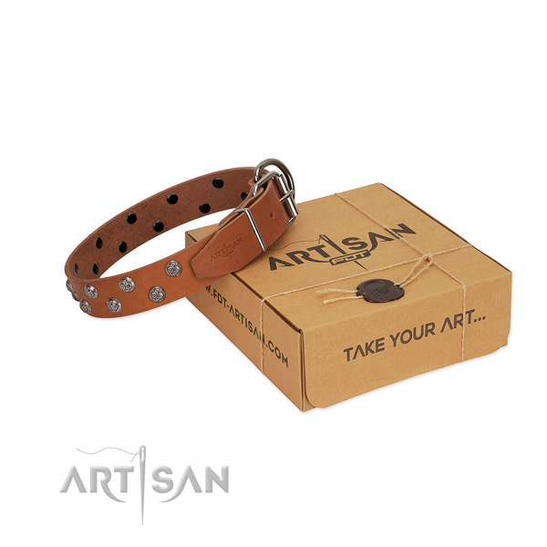 Rust resistant fittings on decorated full grain genuine leather dog collar