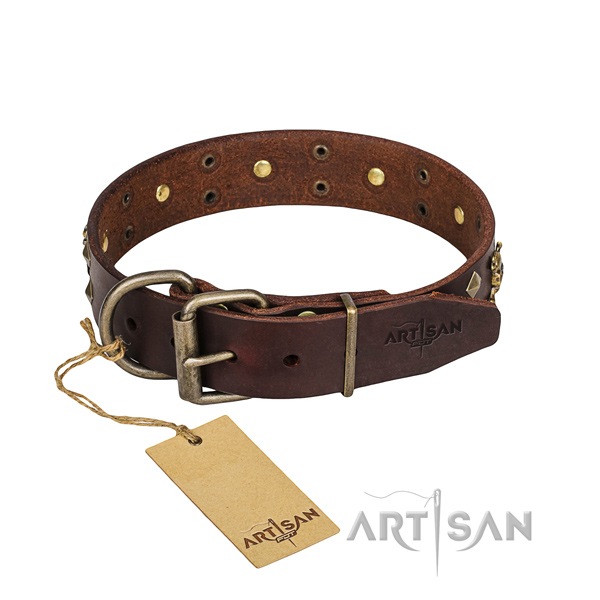 Basic training dog collar of strong full grain genuine leather with decorations