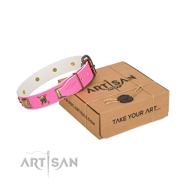 Soft to touch natural leather dog collar with stylish adornments