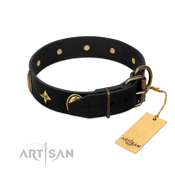 Reliable natural leather dog collar with rust-proof adornments