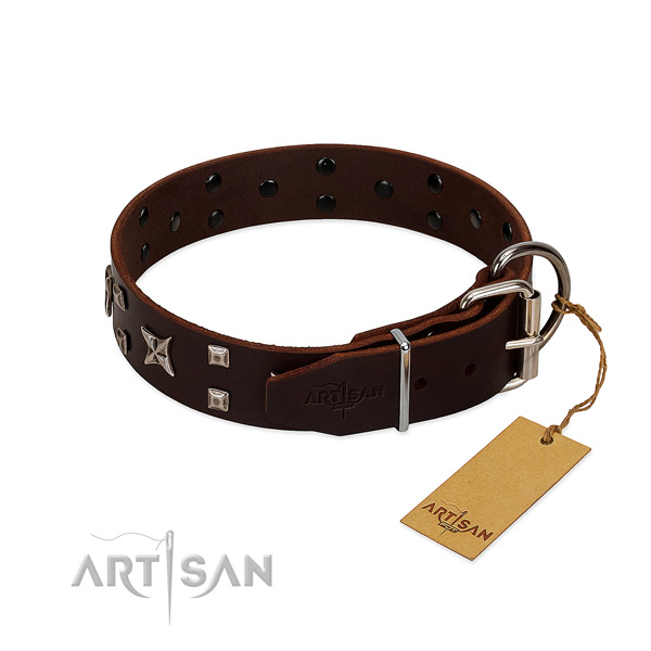 Flexible natural leather dog collar with top notch adornments