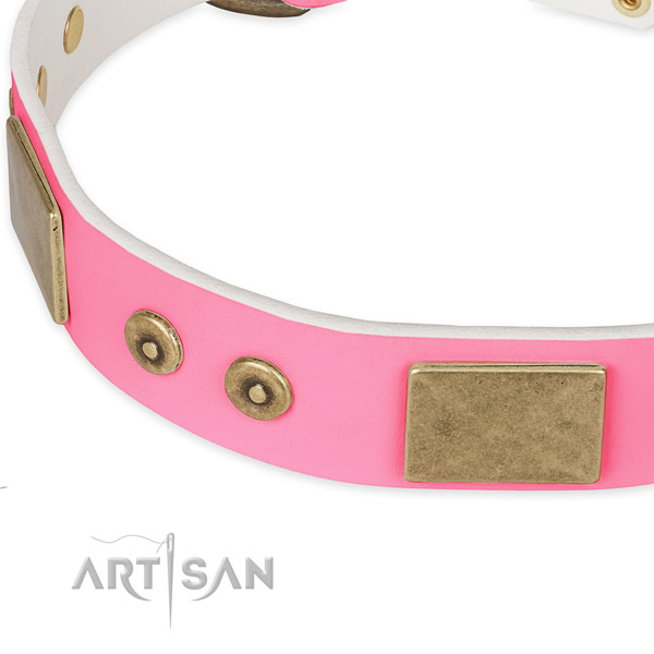 Natural genuine leather dog collar with embellishments for handy use