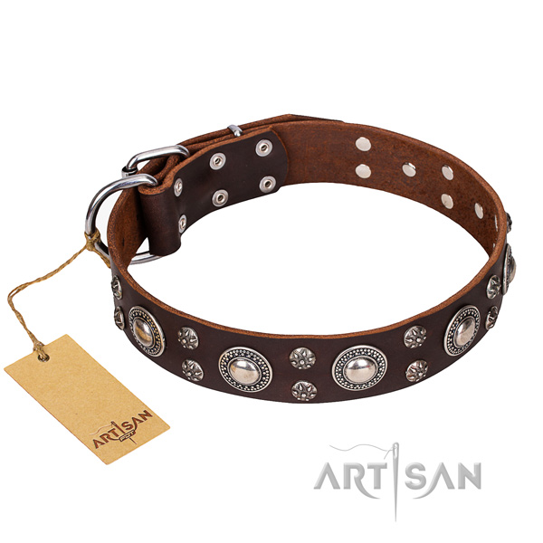 Comfy wearing dog collar of top notch full grain natural leather with adornments