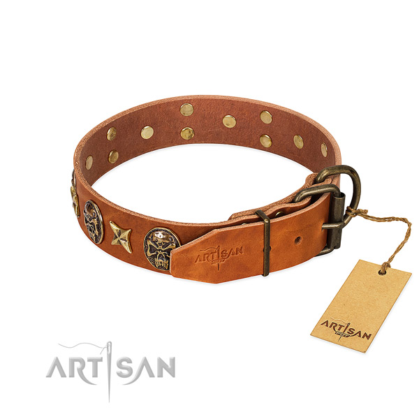 Natural genuine leather dog collar with corrosion proof D-ring and studs