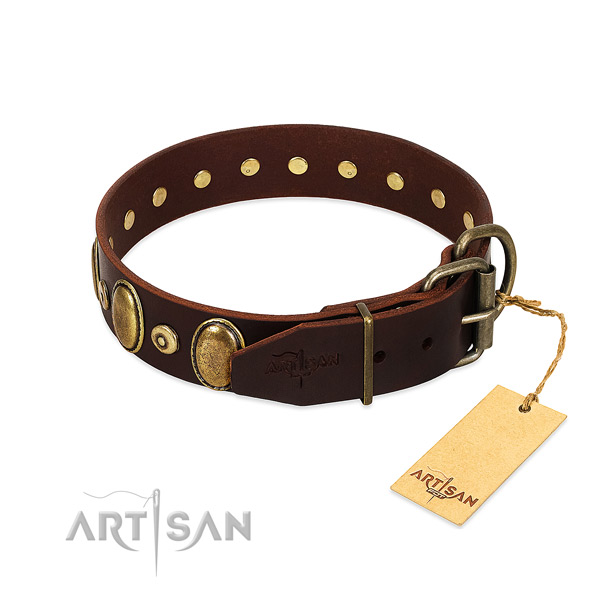 Full grain genuine leather dog collar with corrosion proof decorations