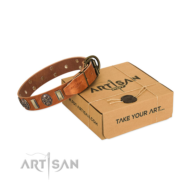 Corrosion proof hardware on genuine leather dog collar for easy wearing