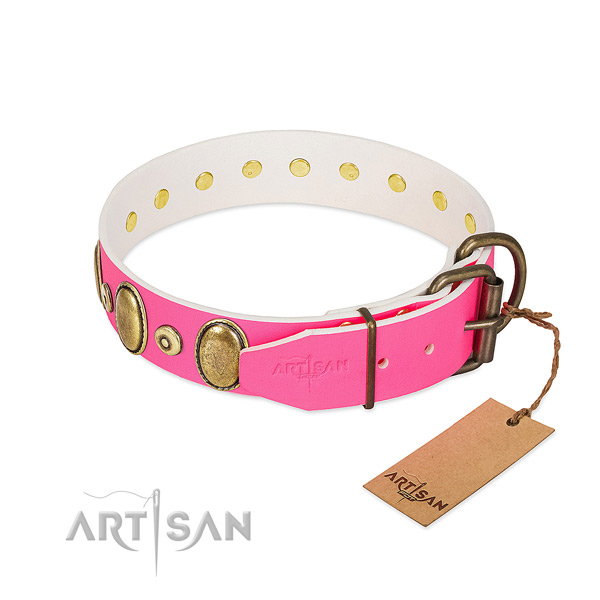 Rust resistant decorations on durable full grain genuine leather dog collar