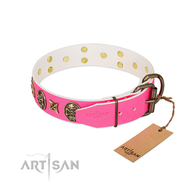 Reliable fittings on full grain leather collar for stylish walking your doggie