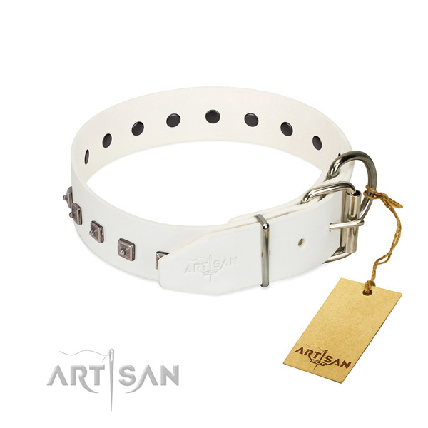 Reliable natural leather dog collar with embellishments for stylish walking