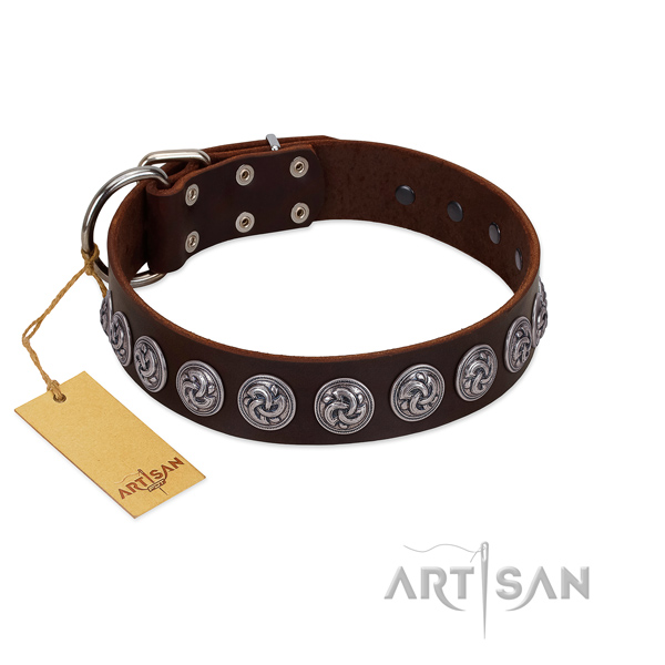 Corrosion resistant fittings on stylish genuine leather dog collar