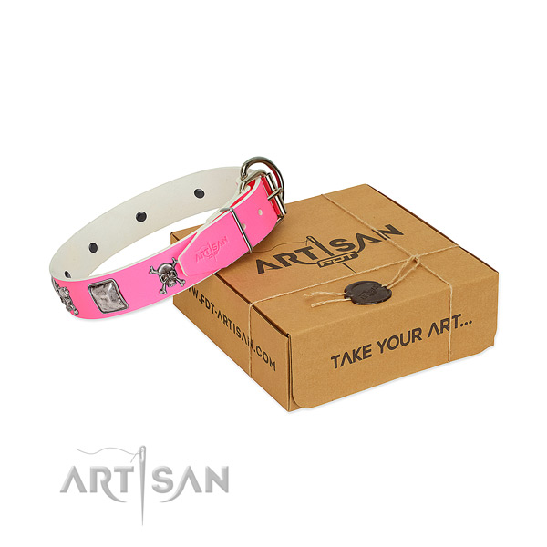Adjustable full grain natural leather collar with decorations for your four-legged friend