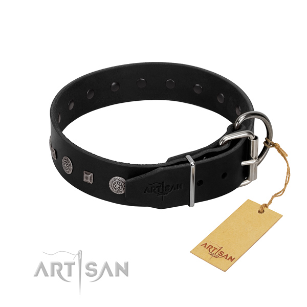 Durable hardware on adjustable genuine leather dog collar