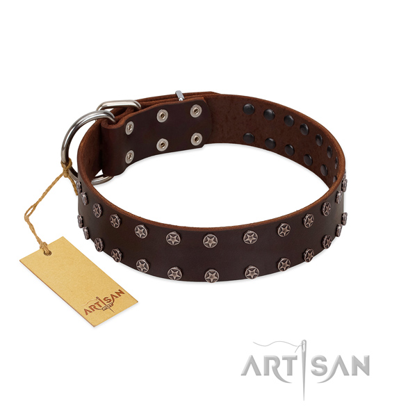 Easy wearing genuine leather dog collar with designer decorations