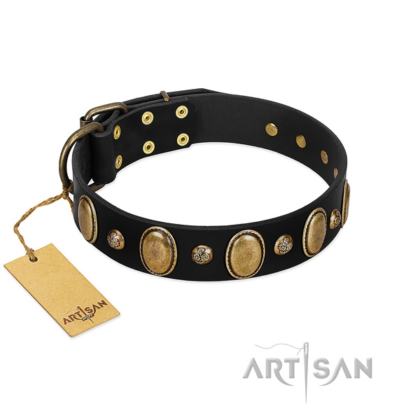 Full grain genuine leather dog collar of high quality material with exceptional decorations