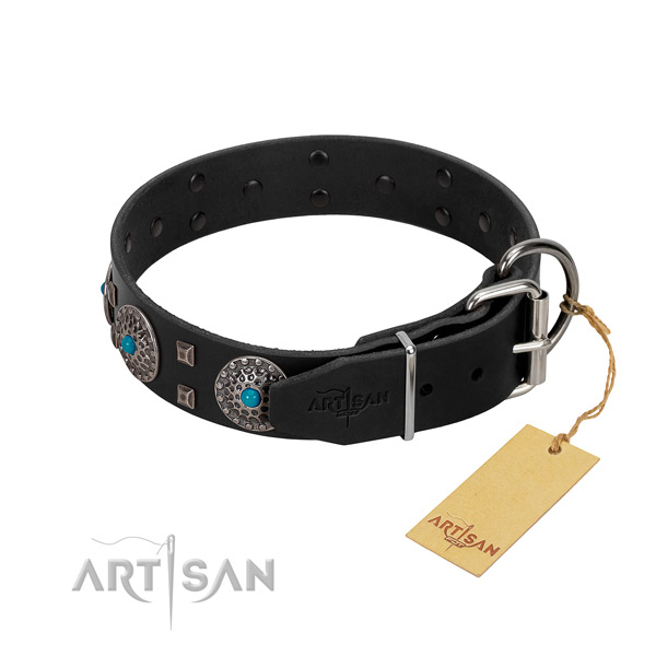 Top notch full grain genuine leather dog collar with embellishments for handy use